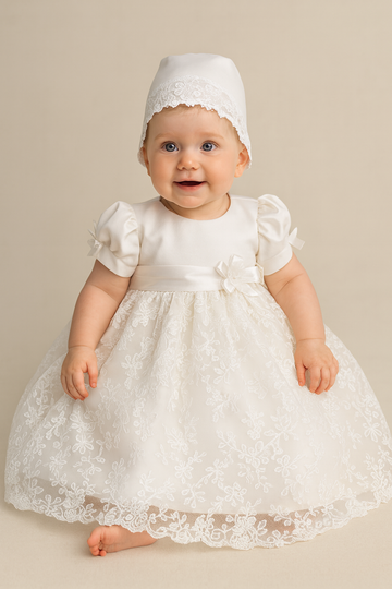 Baby in a white lace Baptism dress and bonnet