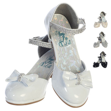 Girls shoes with 1 3/4" heel & rhinestone ankle strap in white patent finish, featuring a bow and sparkling strap for formal occasions.