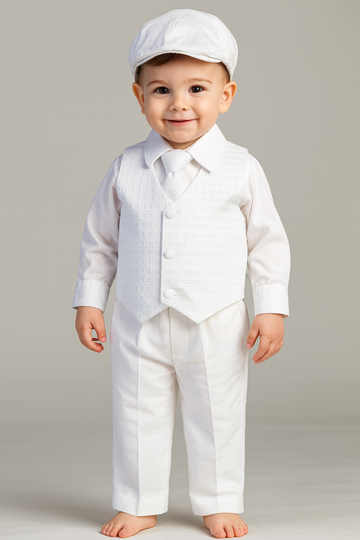 toddler wearing a white baptism outfit with a hat
