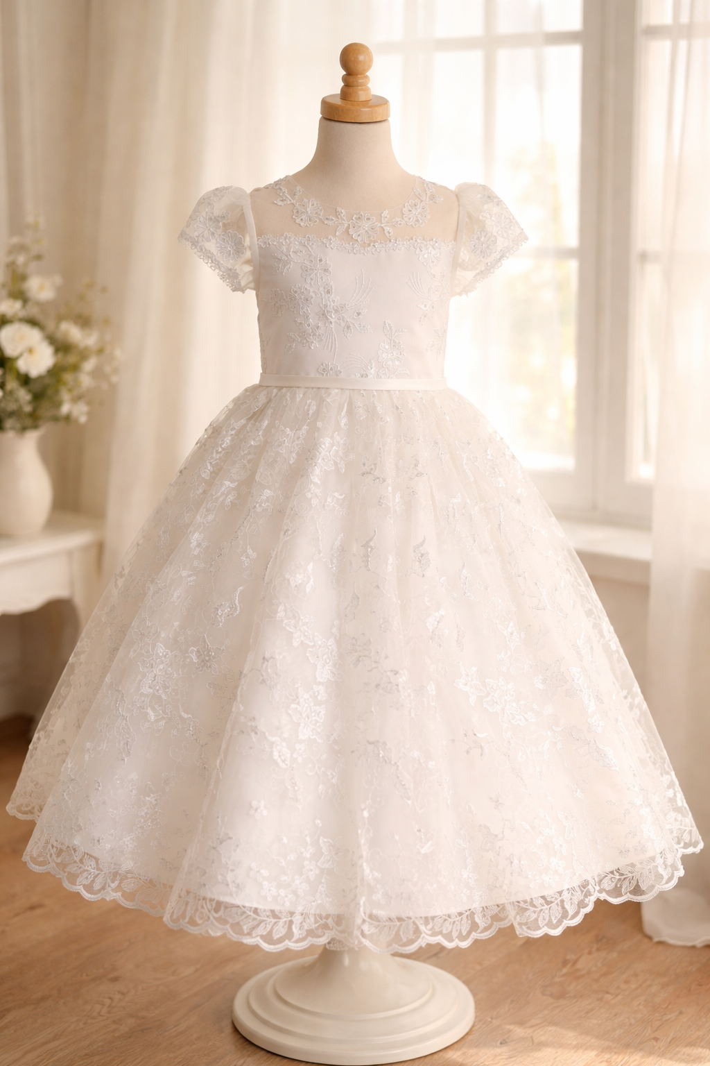 Girls White Communion Dress - Embroidered Tulle
