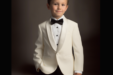 Ivory shawl tuxedo for boys with black bow tie and buttons, ideal for weddings and special occasions. Elegant ring bearer outfit in toddler sizes.