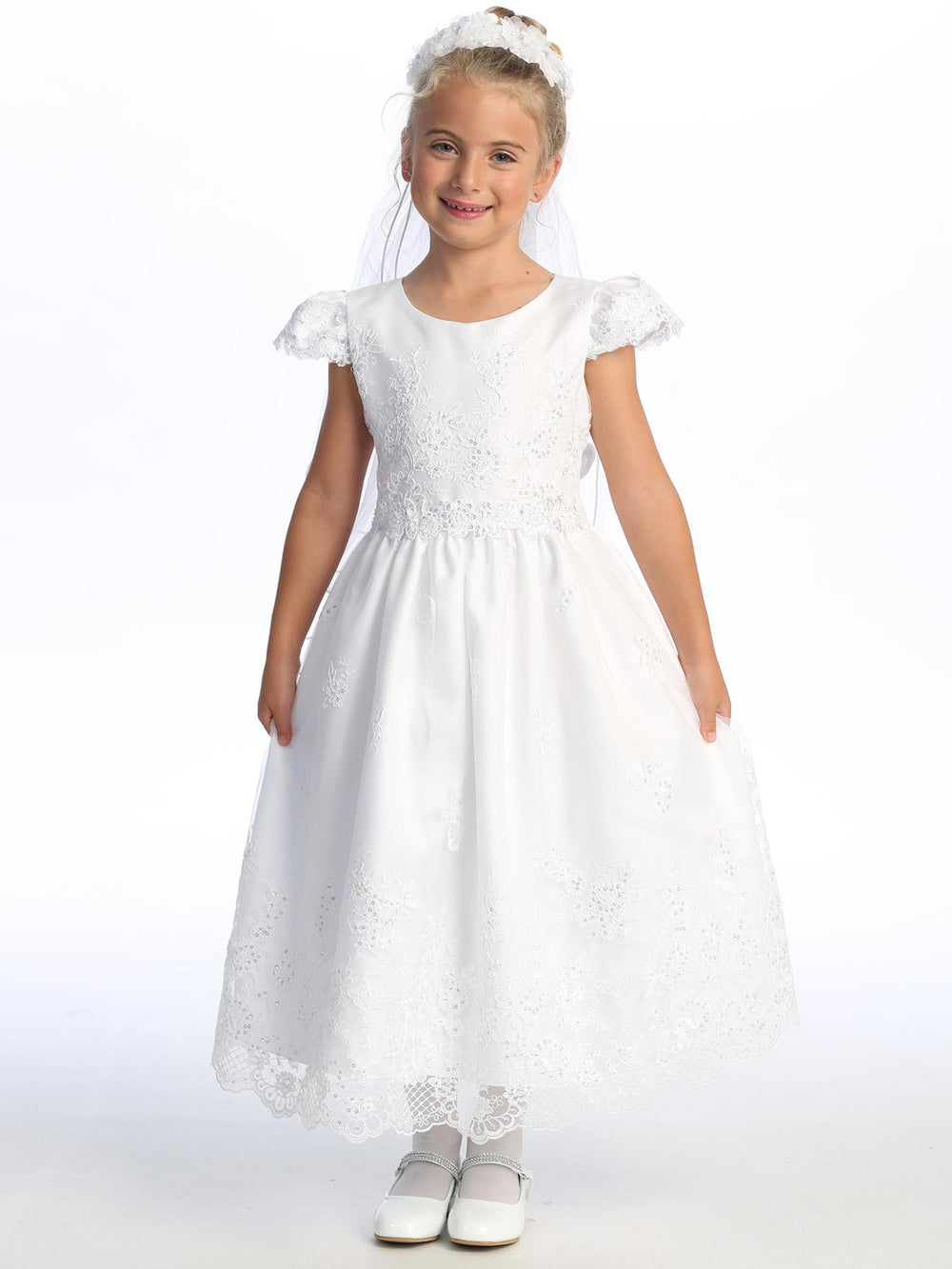 Girls White First Communion Dress w/ Embroidered Tulle & Sequins (209)