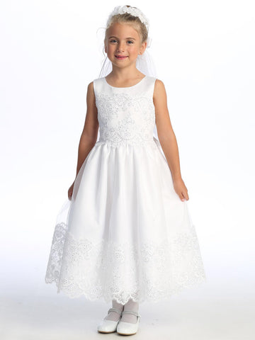 Girls First Communion Dress in white with embroidered tulle, sequins, and satin bodice. Tea-length ceremonial dress made in the USA.