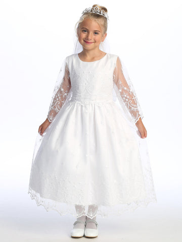 Elegant Girls First Communion Dress with embroidered tulle and cross designs, featuring sheer long sleeves and tea-length skirt. Ideal for ceremonial wear.