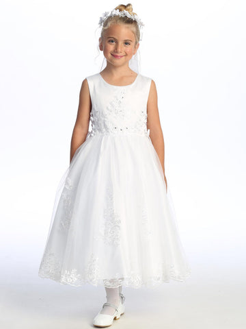 Girls Communion Dress - Embroidered Satin with sequins and rhinestones, worn by a young girl for First Communion or special occasions.