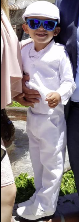 Baptism outfit (8590), baby boy shining in jacquard vest and pants ensemble.