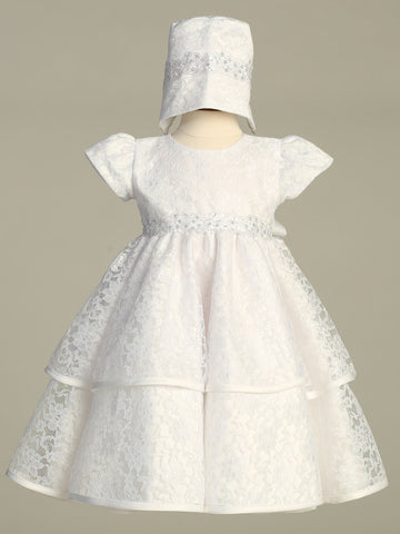 Tiffany White Lace Baptism Dress for baby girls with organza trim and matching bonnet, ideal for christenings. Available in sizes 0-18 months.