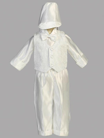 Baby Boys Baptism Outfit with Pants in white satin, featuring embroidered vest, bowtie, long-sleeve shirt, and matching hat for christening.