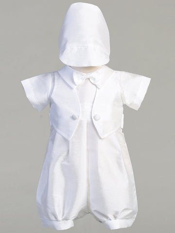 Boys Baptism Romper in white poly bengaline with vest, bowtie, and matching hat, ideal for christenings and special occasions.