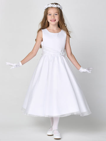 Girls White Satin First Communion Dress w/ Crystal Organza Skirt (199)