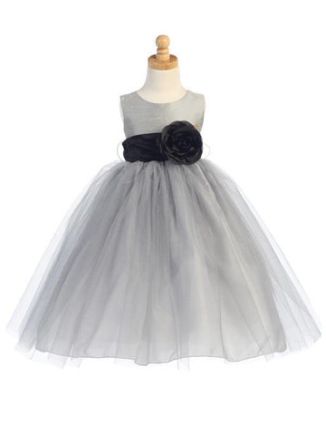 Silver Flower Girl Dress w/ Choice of Flower & Sash (12-90P)