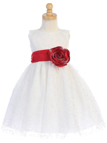 White Glitter Tulle Flower Girl Dress w/ Choice of Flower & Sash (7-76)
