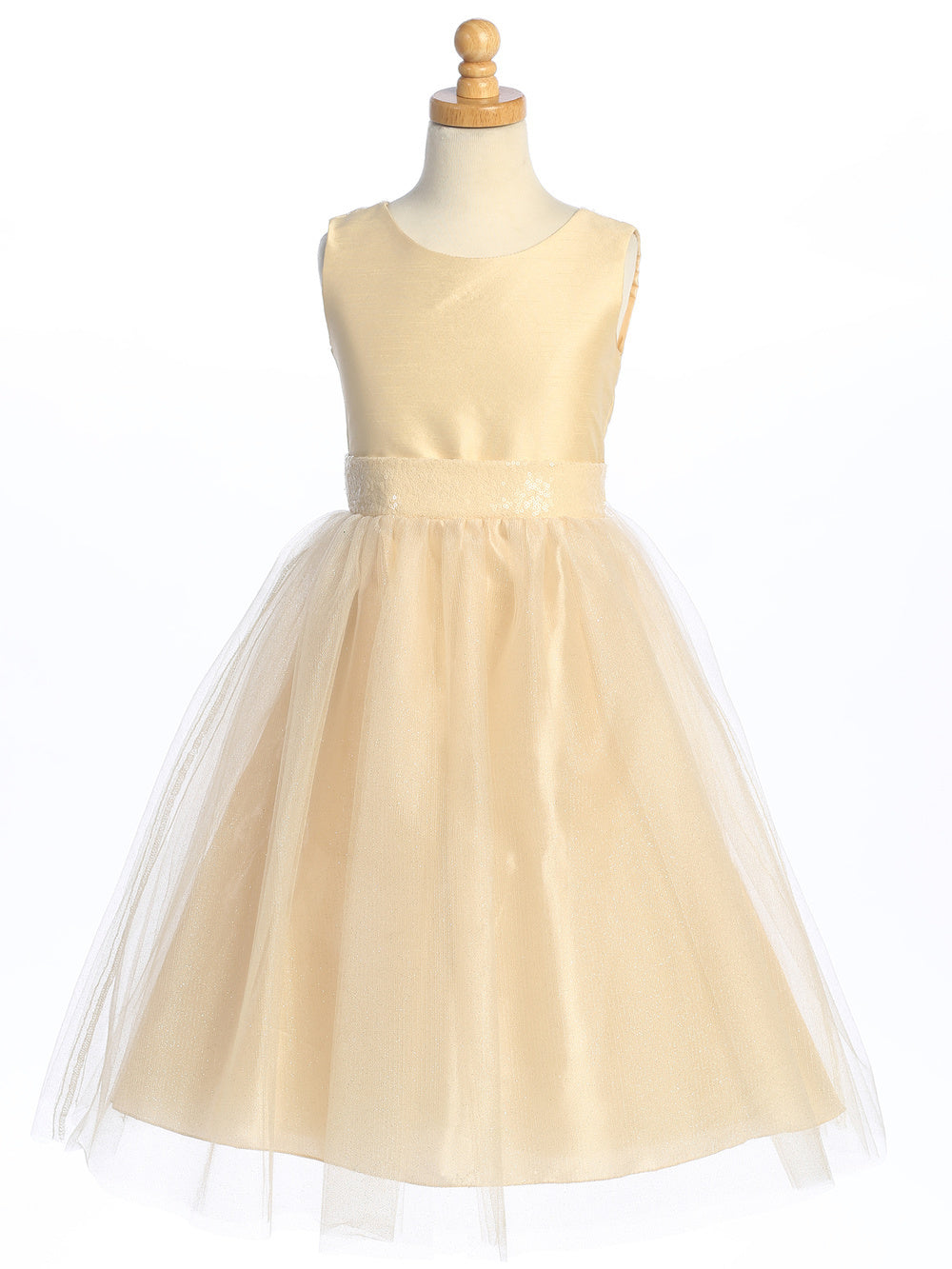 Champagne shantung dress with sparkle tulle and sequins, a fairy-tale for a flower girl.