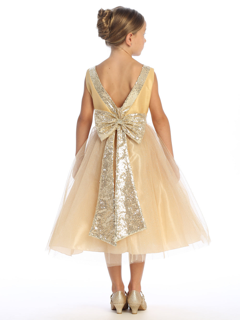 Golden enchantment, flower girl in shantung dress adorned with sparkle tulle and sequins.
