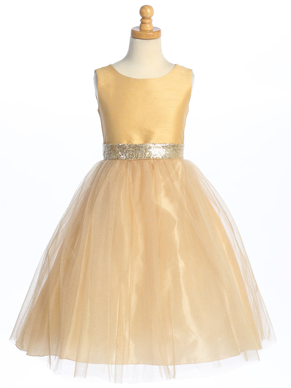 Flower girl stuns in a sequined gold shantung dress with magical sparkle tulle.