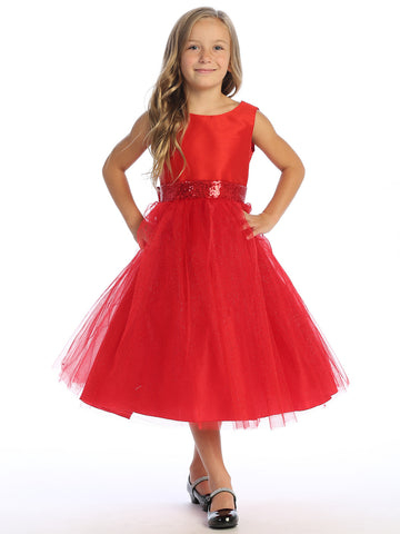 Red Flower Girl Dress w/ shantung & sparkle tulle with sequins