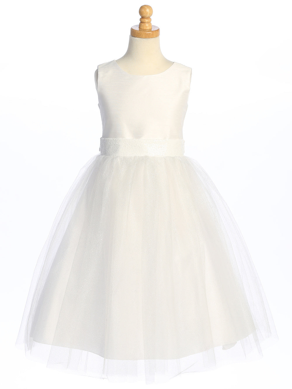 Shimmering tulle and sequins adorn a flower girl's white shantung dress.