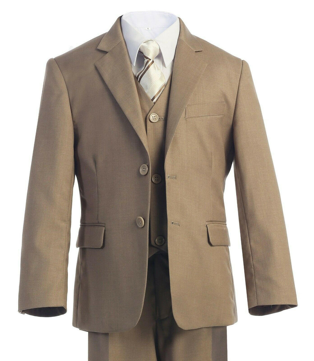Elegant Boys Khaki Suit by Malcolm Royce featuring a 2-button jacket, matching vest, and flat-front trousers. Ideal for weddings and formal events.