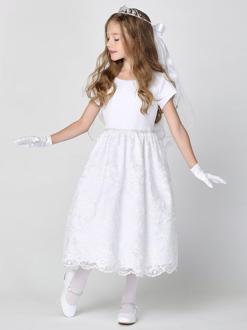 Girls White First Communion Dress w/ Embroidered Tulle & Sequins (195)