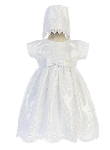 Christening Baptism White Gown Harlow with lace overlay, satin bow, and matching bonnet for girls. Ideal ceremonial dress for 0–18 months.