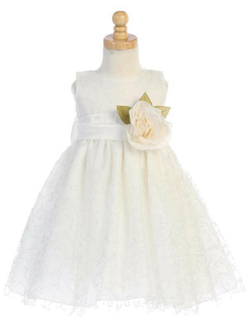 Elegant Ivory Glitter Flower Girl Dress by Malcolm Royce with floral sash and tulle skirt, ideal for weddings and special occasions.