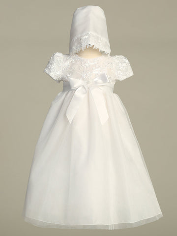 Elegant Lillian Girls' White Baptism Gown with satin bow and floral lace bodice, includes matching bonnet. Ideal for christening ceremonies.