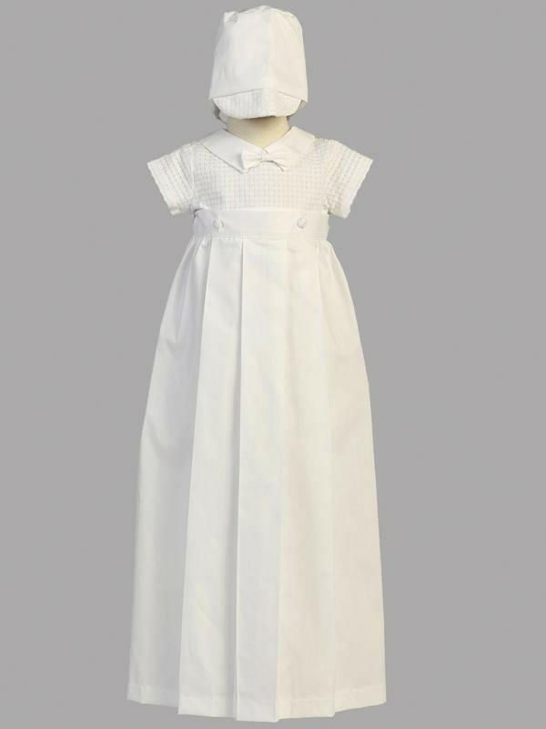 Baby Boys' Baptism Gown and Romper Mason by Malcolm Royce featuring a white cotton detachable gown with cap, ideal for christening ceremonies.