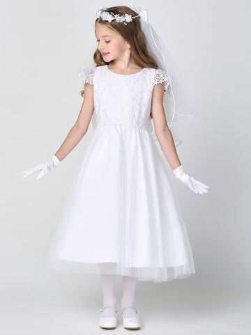 Girls White First Communion Dress w/ Embroidered Tulle Bodice & Skirt (189)