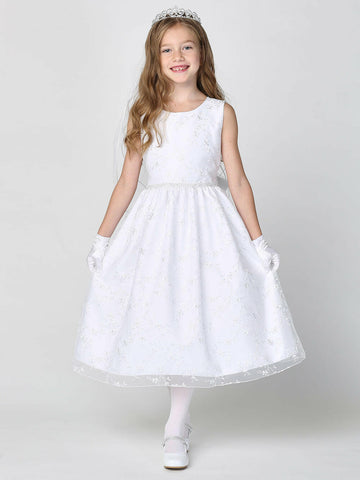 Girls' First Communion Dress with tulle and sequins by Malcolm Royce, featuring sleeveless bodice and tea-length embroidered skirt.