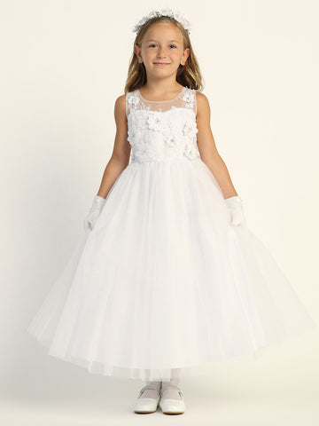 Girls White First Communion Dress w/ Embroidered Tulle & 3D Flowers (723)