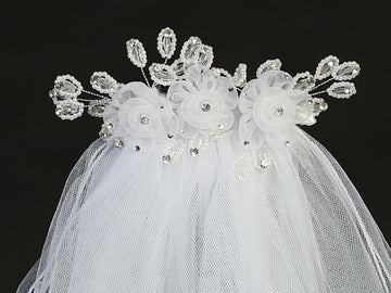 24" Veil - Organza flowers, pearls, and crystal accents