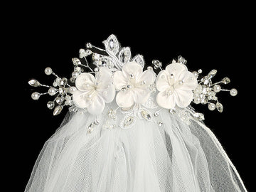 24" Veil with Satin Flowers & Pearls: Classic Elegance