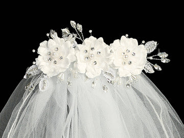 24" Communion veil with silk organza flowers, pearls, and rhinestones on a white tulle base, perfect for girls' religious ceremonies.