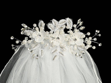 24" Communion veil with organza flowers, pearls, and rhinestones on a decorative headpiece. Ideal for girls' religious ceremonies.