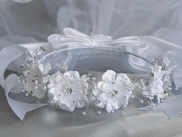 24" veil with silk & organza flowers with pearls & rhinestones