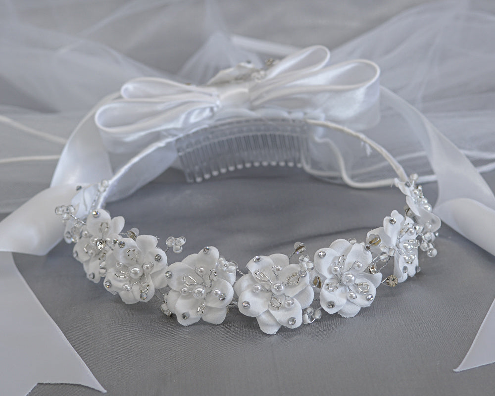 24" veil with satin flowers, beads, pearls & rhinestones