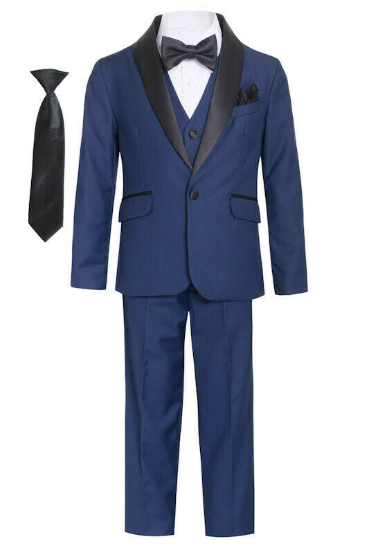 The navy shawl tuxedo suit, a symbol of sophisticated style for a boy.