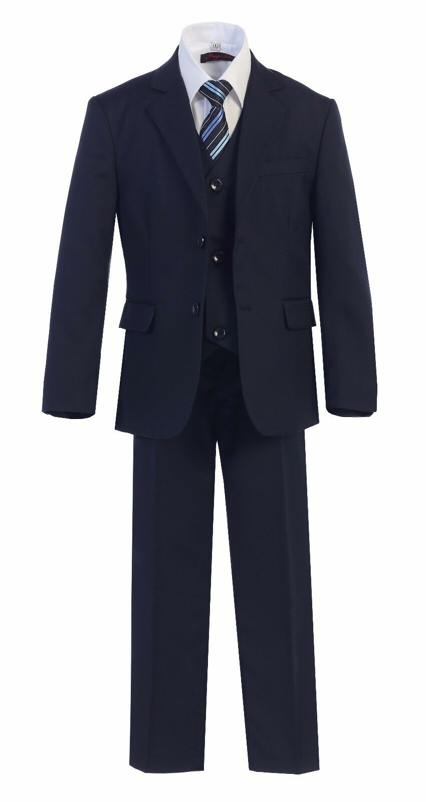 A boy's charm is accentuated in the rich silhouette of an Executive Navy Suit.