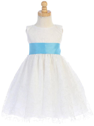 White Glitter Tulle Flower Girl Dress w/ Choice Satin Sash & Bow (7-77)