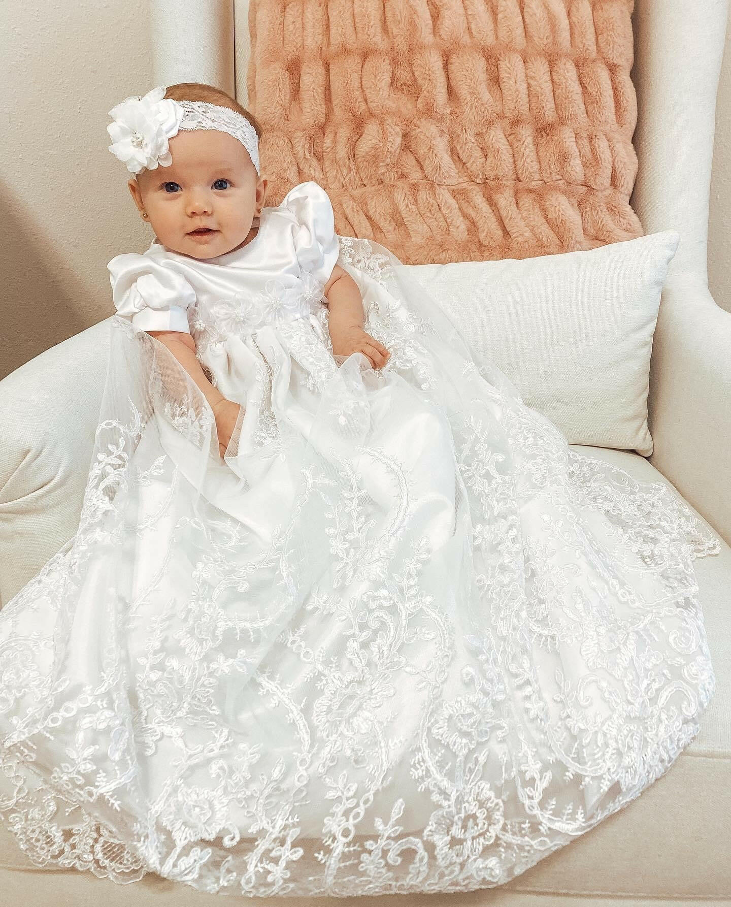 Willow: White Satin Christening & Baptism Gown for Girls