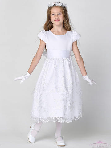Girls White First Communion Dress w/ Satin Tulle & Sequins (186)
