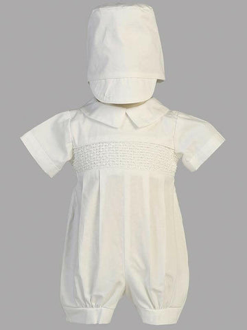 Jeremy elegant white baptism romper for baby boys with smocked bodice and matching hat, ideal for christening ceremonies. Made in the USA.