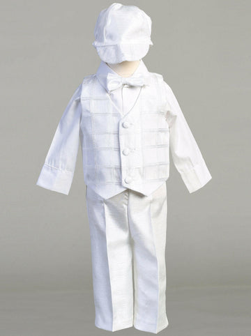 Scott baby boys' baptism & christening outfit by Malcolm Royce featuring a white checkered vest, long-sleeve shirt, bow tie, pants, and matching hat.