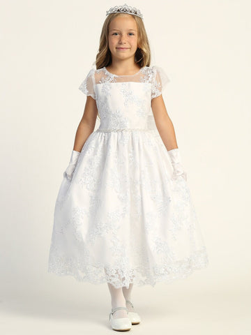 Girls White First Communion Dress w/ Embroidered Tulle & Sequins (202)