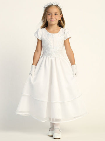 Girls White First Communion Dress w/ Embroidered Tulle & Sequins (205)