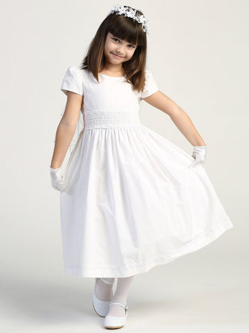 Girls White First Communion Dress w/ Smocked cotton (108)
