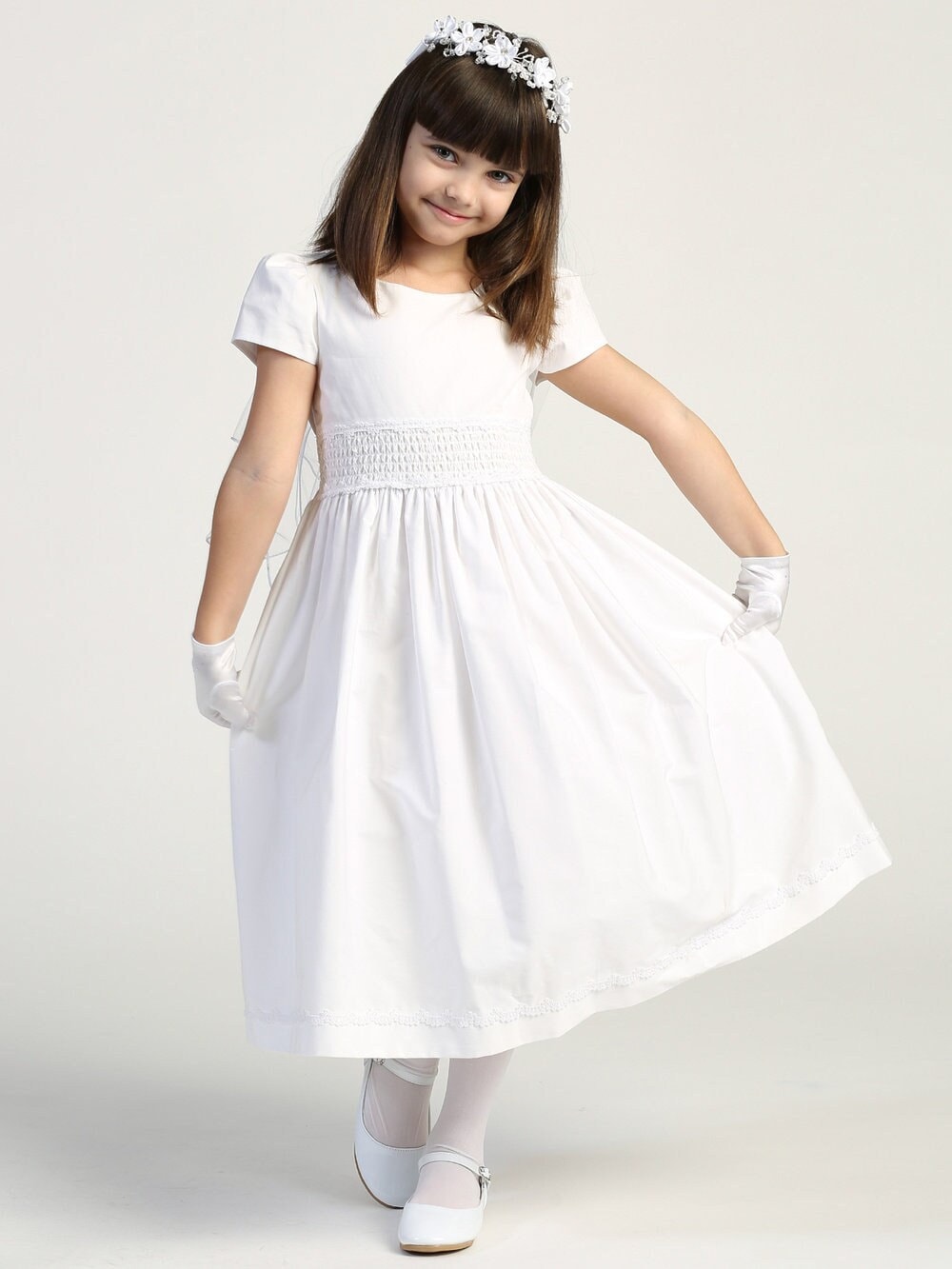 Elegant Girls' White First Communion Dress - Smocked Cotton Comfort Malcolm Royce Elegant Girls' White First Communion Dress - Smocked Cotton Comfort Malcolm Royce