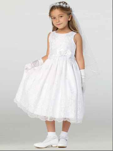 Girls White First Communion Dress w/ Embroidered Organza (110)