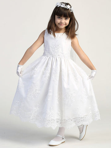 Girls White First Communion Dress w/ Corded Embroidery Lace (164)