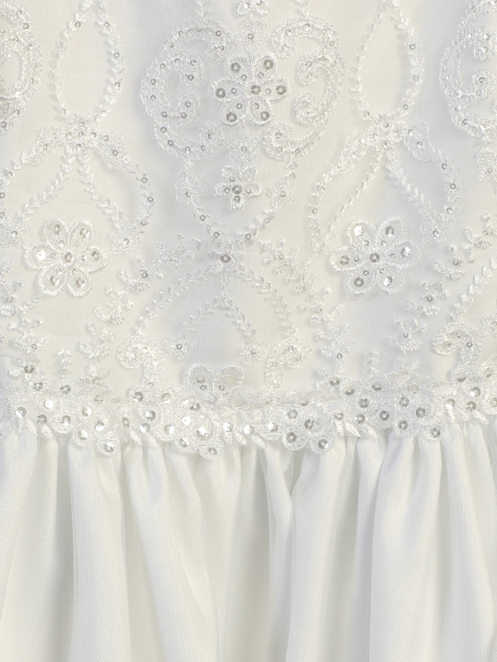 Close-up view of the embroidered lace with sequins on the tulle bodice, showcasing the intricate details.
